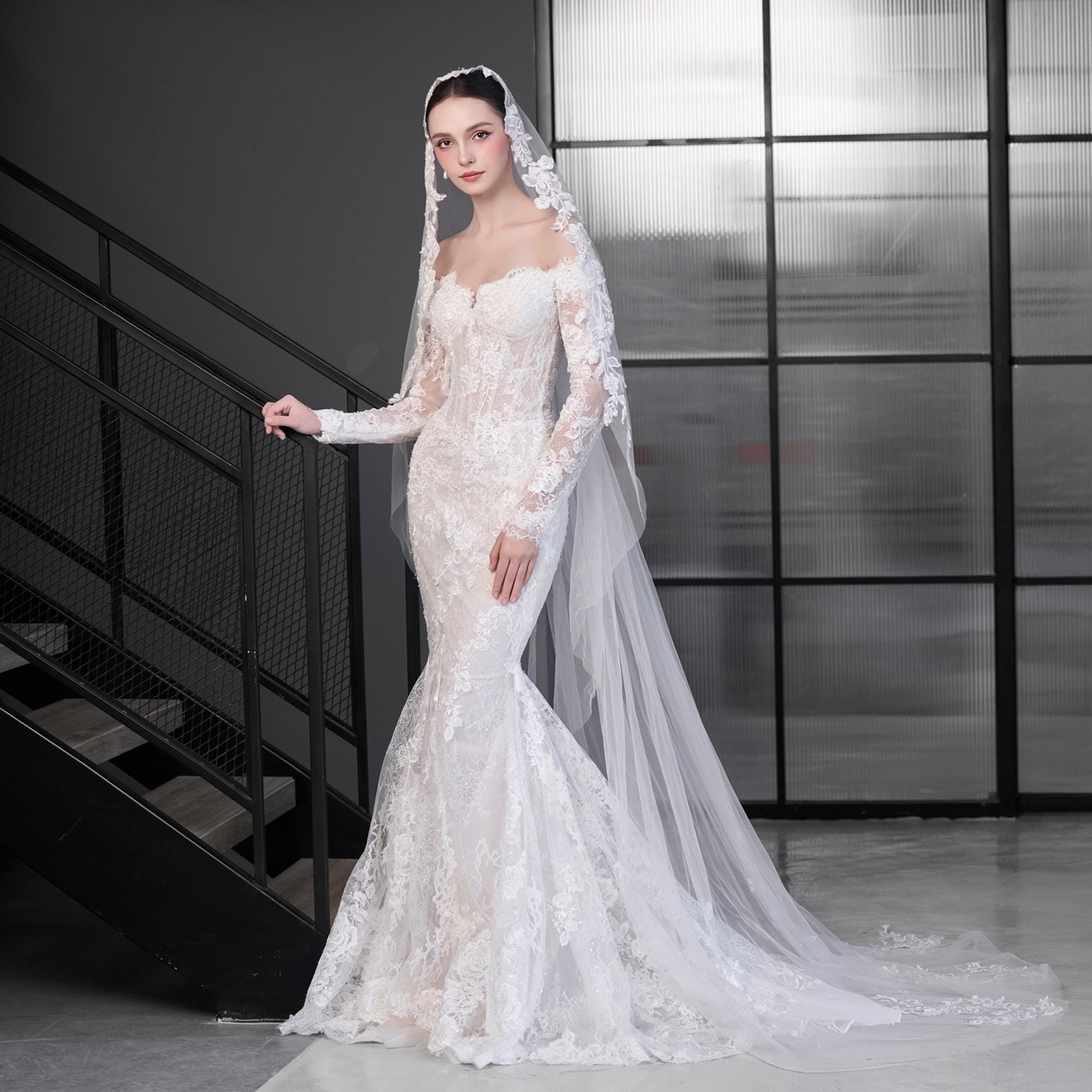 chinese dress ladies Mermaid Sweetheart Tulle Appliques Long Sleeve Wedding Dress WD726 US4 / Custom Color main image 1