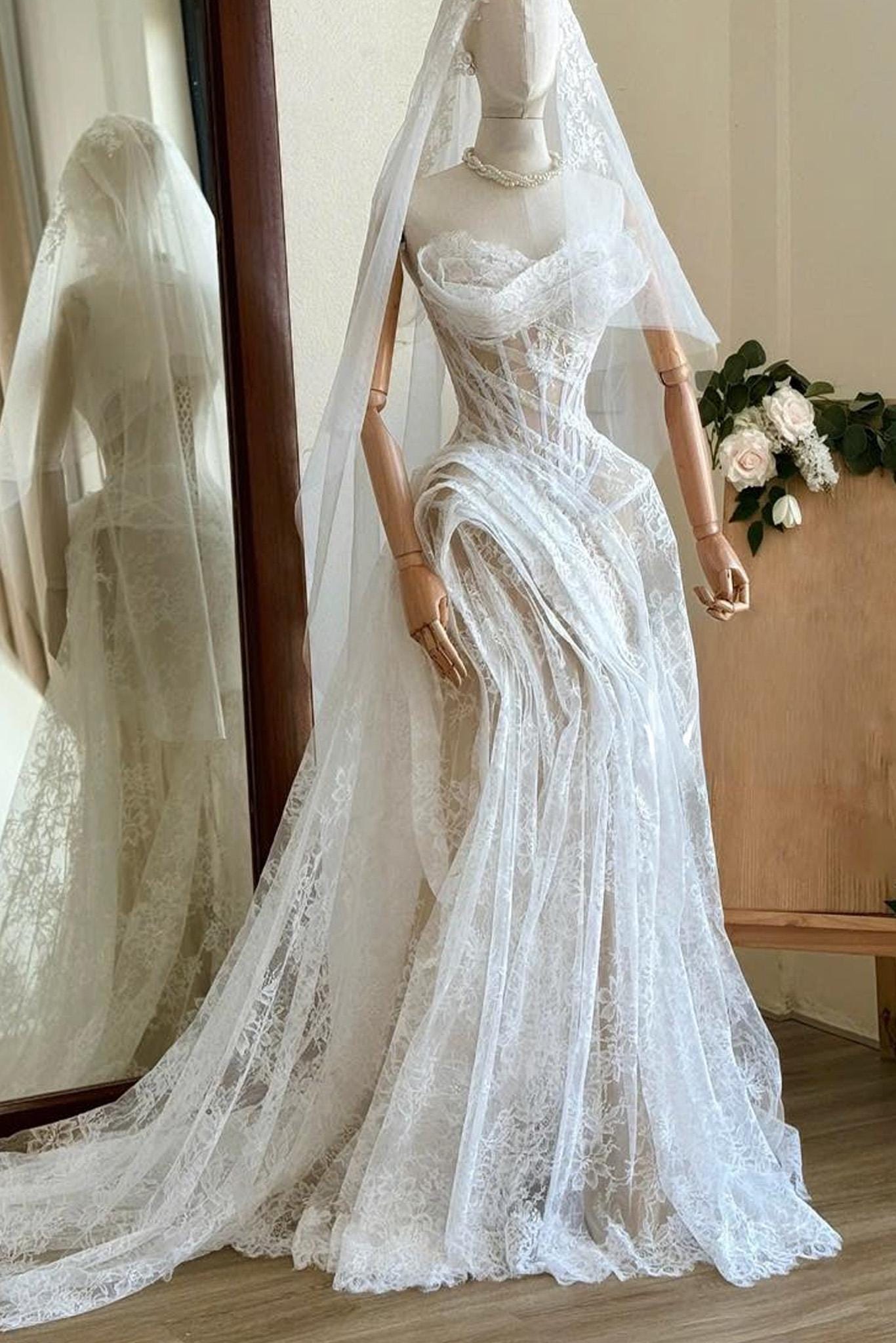 tiered lace mermaid wedding dress Strapless Lace Mermaid Wedding Gown with Layered Tulle Skirt
