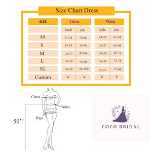 May include: A dress size chart showing chest and waist measurements in inches and centimetres, from XS to XL, with a custom option. A diagram illustrates chest, waist, and hip measurements. The image also includes the Coco Bridal logo.