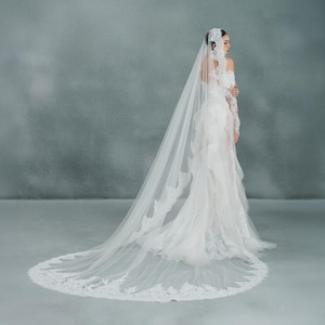 May include: A white wedding dress with a long, flowing train and a matching veil. The veil and dress are adorned with delicate lace detailing. The bride is standing with her arms crossed.