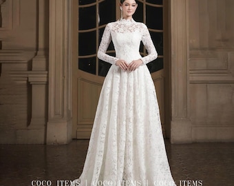 High Collar Lace Wedding Dress Long Sleeve Vintage Style Gown