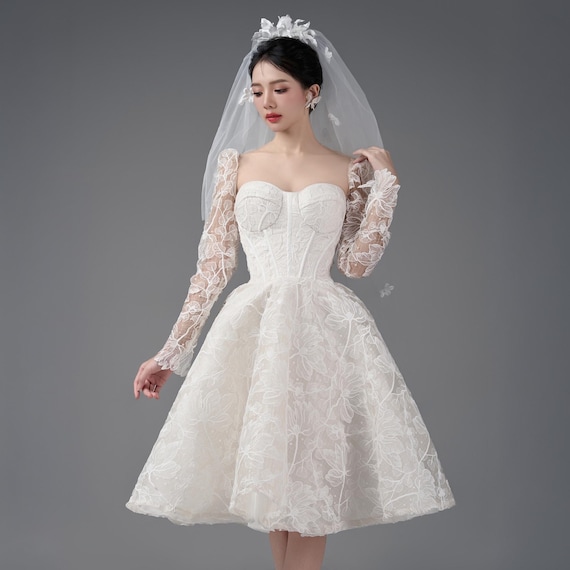 slim fit dress slacks Casual Pencil Knee-length Lace Off-the-shoulder Long Sleeve Wedding  Dress-716023 main image 0