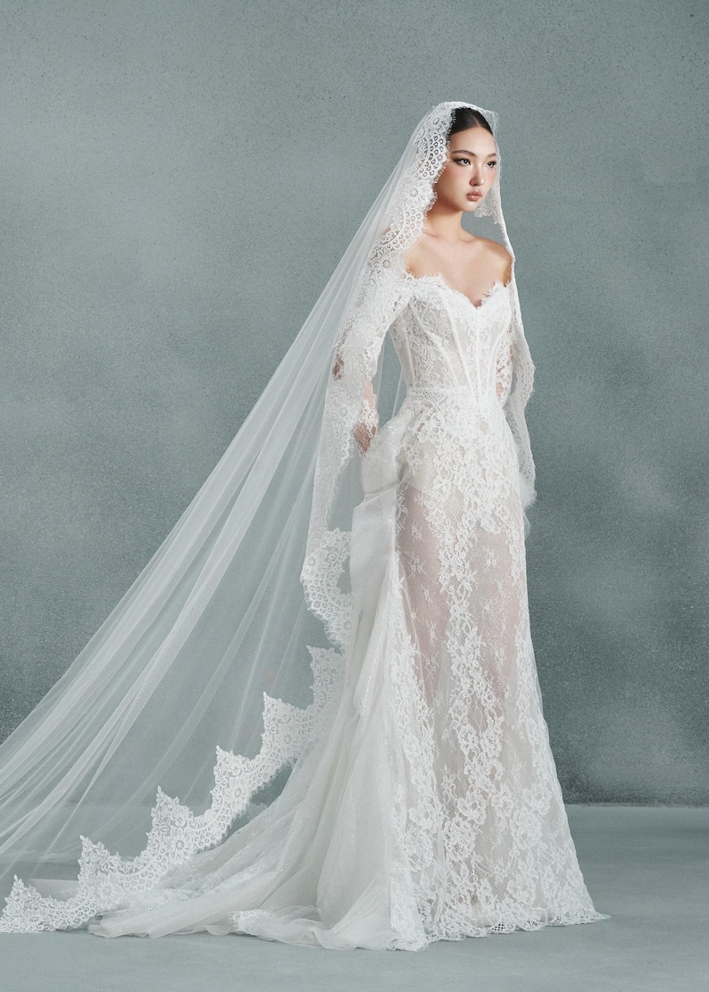 May include: Elegant white lace wedding gown with long sleeves and a flowing veil. The dress features a sweetheart neckline and intricate floral lace detailing. The veil cascades down the back, creating a romantic and ethereal look.