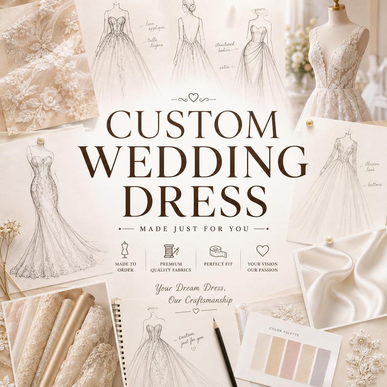May include: A custom wedding dress design presentation featuring sketches of various gown silhouettes, fabric swatches, and a color palette. The text reads CUSTOM WEDDING DRESS, MADE JUST FOR YOU, MADE TO ORDER, PREMIUM QUALITY FABRICS, PERFECT FIT, YOUR VISION OUR PASSION, and Your Dream Dress, Our Craftsmanship.