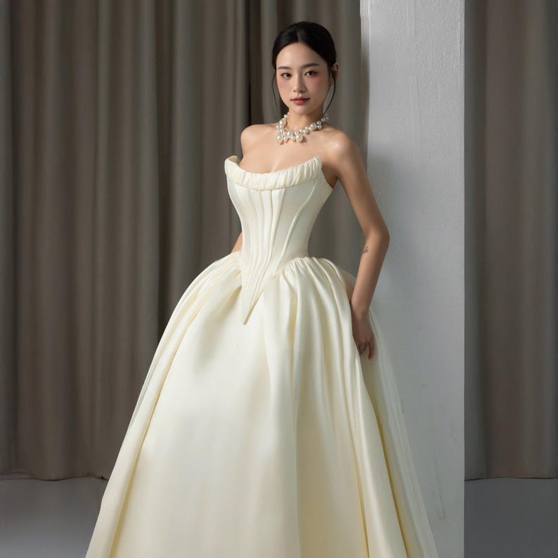 Ivory Satin Wedding Dress Basque Waist, Princess Ball Gown Long Train ...