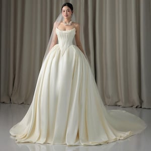 Ivory Satin Wedding Dress Basque Waist, Princess Ball Gown Long Train, Handmade Custom Size, White