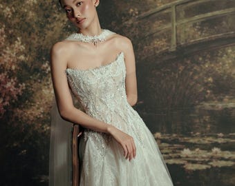 Sparkly Sequins Lace Wedding Dress Strapless A Line Bridal Gown Corset Wedding Dress, Luxury Princess Wedding Dress, Custom Bridal Gown
