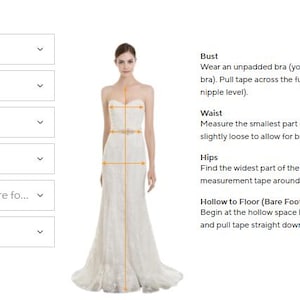 May include: A custom size measurement guide featuring a white strapless gown with orange lines indicating measurement points for bust, waist, hips, and hollow to floor. Text instructions explain how to measure for each area in inches.