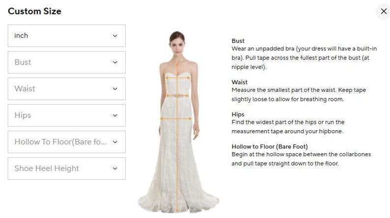 May include: A custom size measurement guide featuring a white strapless gown with orange lines indicating measurement points for bust, waist, hips, and hollow to floor. Text instructions explain how to measure for each area in inches.