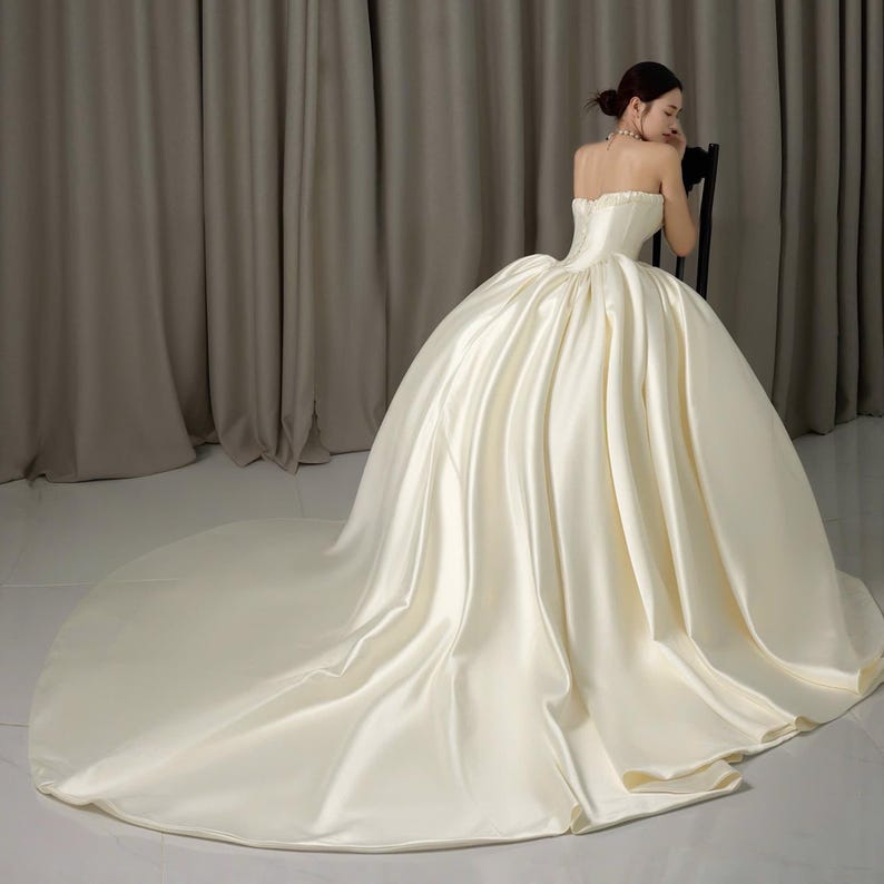 Ivory Satin Wedding Dress Basque Waist, Princess Ball Gown Long Train ...