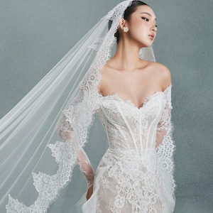 May include: A white lace wedding dress with an off-the-shoulder neckline and long sleeves. The dress features intricate lace detailing and a fitted bodice. A long, sheer veil with lace trim cascades down the back. The dress is elegant and romantic.