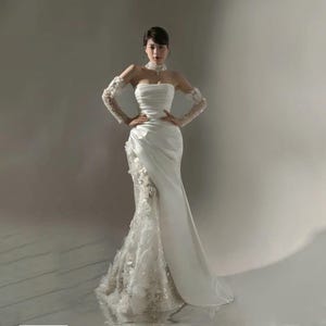 Luxury Beaded Lace Mermaid Wedding Dress with Detachable Sleeves