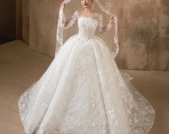 Hochzeit Kleid aus Spitze Ballkleid mit quadratischem Ausschnitt und langen Ärmeln Prinzessin Brautkleid