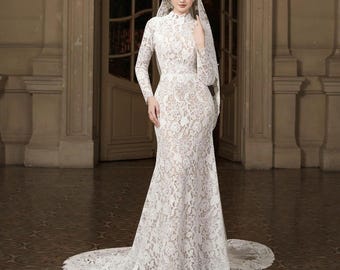 3D Flower Lace Mermaid Wedding Dress High Neck, Long Sleeve And Train