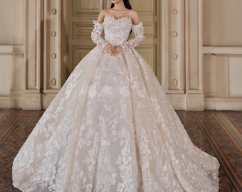 Off-shoulder bloemenkant trouwjurk, afneembare mouwen, sprookjesachtige baljurk
