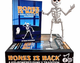 May include: A Bones Is Back book and a white articulated skeleton figure. The book cover features a blue background with orange text and a skeleton illustration. The black box displays the text Bones Is Back A Kid-Powered Family Tradition.