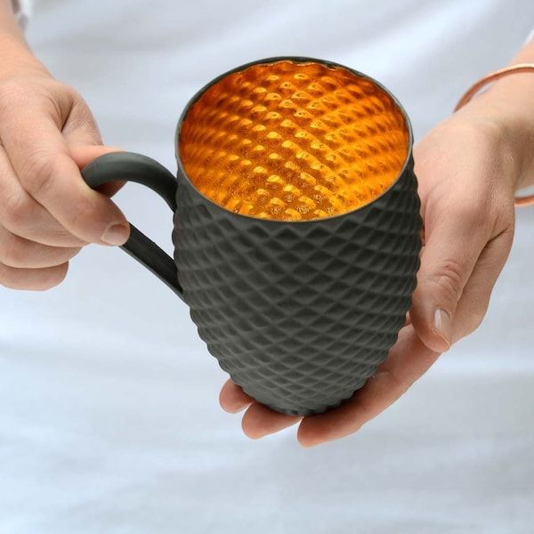 Luxury Black Mug with Gold Interior, Porcelain Coffee Mug with Pineapple Pattern, Black Ceramic Mug