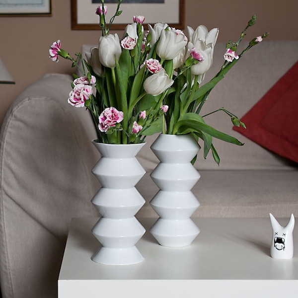 Geometric Flower Vases,  Porcelain Vases, White Ceramic Zig Zag Vases