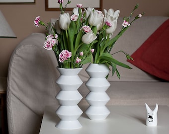 Geometric Flower Vases,  Porcelain Vases, White Ceramic Zig Zag Vases