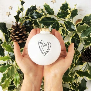 White Christmas Bauble with Heart, Minimalist Christmas Bauble, Christmas Tree Decoration image 1