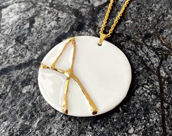 Kintsugi Pendant, White and Gold Statement Pendant