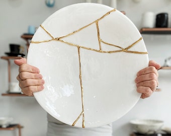 Grande ciotola Kintsugi, piatto Kinstugi bianco