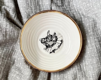 Ceramic Bowl with Pig, Porcelain Bowl with Gold Rim, Decorative Bowl with Vintage Drawing