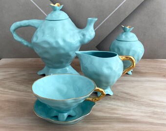 Alice in Wonderland Tea Set, Quirky Mint Tea Set Plated with Real Gold