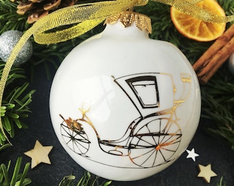 Christmas Bauble with Gold Vintage Cart, Minimalist Christmas Ornament, Christmas Tree decoration