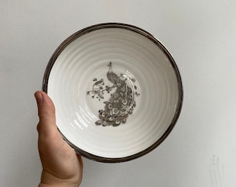 Ceramic Bowl with Peacock and Gold or Silver Rim, White Textured Bowl