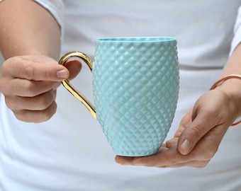Blue Mug with Gold Handle, Handmade Textured Coffee Mug
