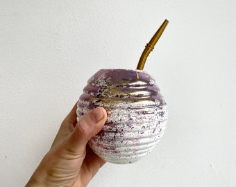 Handmade Yerba Mate Mug: White Ceramic Gourd with Gold Splash