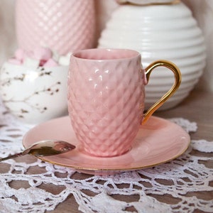 Pink Coffee Cup with Gold Handle, Small Handmade Cup and Saucer image 1