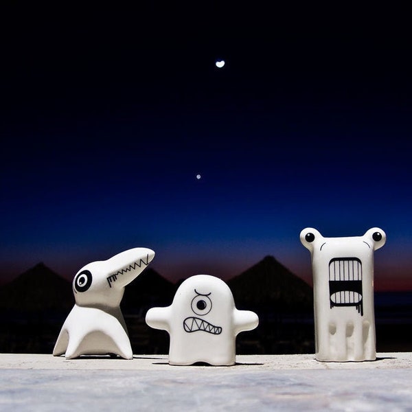 Funny Monsters Ceramic Figurines, Porcelain Figurines Set of three, Modern Kawaii Figurines