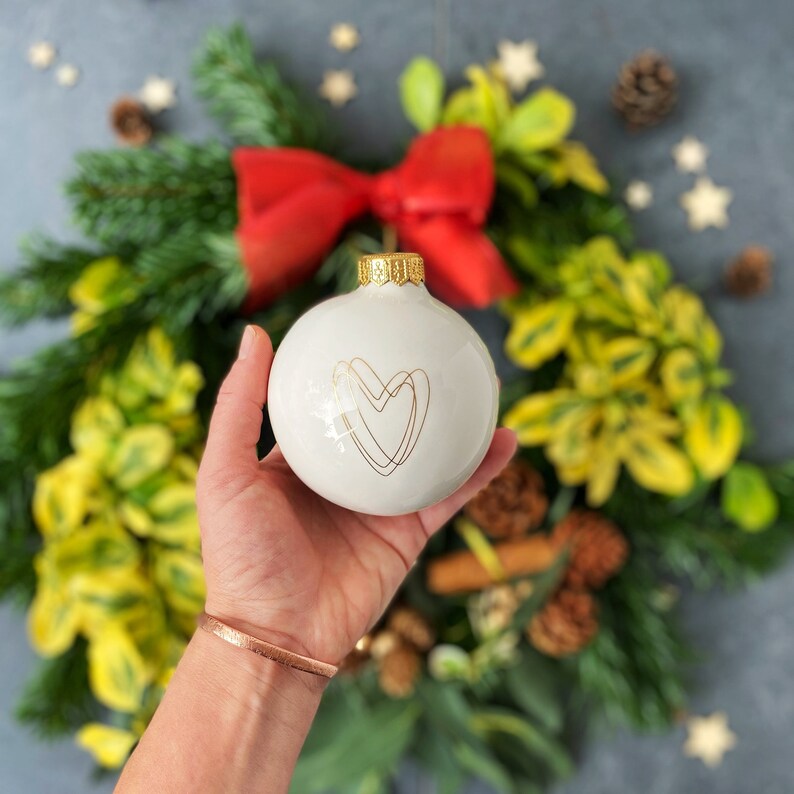 White Christmas Bauble with Heart, Minimalist Christmas Bauble, Christmas Tree Decoration image 2