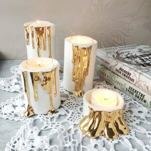 Ceramic Candle Holders with Dripping Gold, Candle Holder Centerpiece image 10