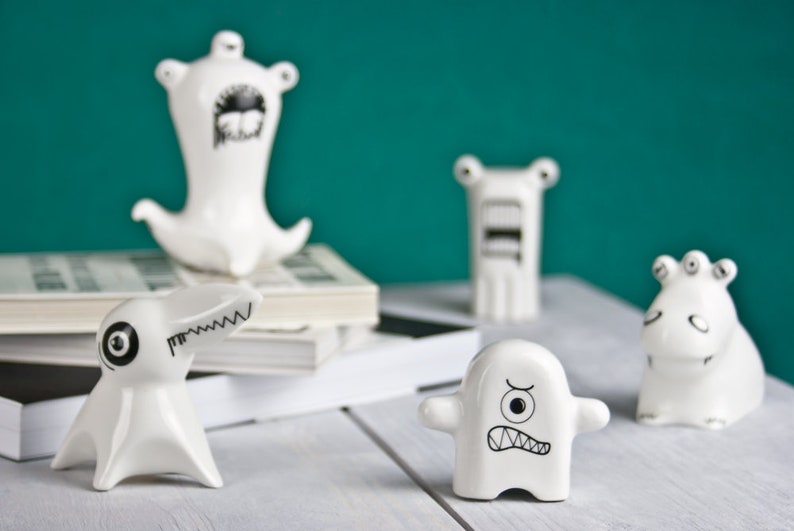 Funny Monsters Ceramic Figurines, Porcelain Figurines Set of three, Modern Kawaii Figurines image 3