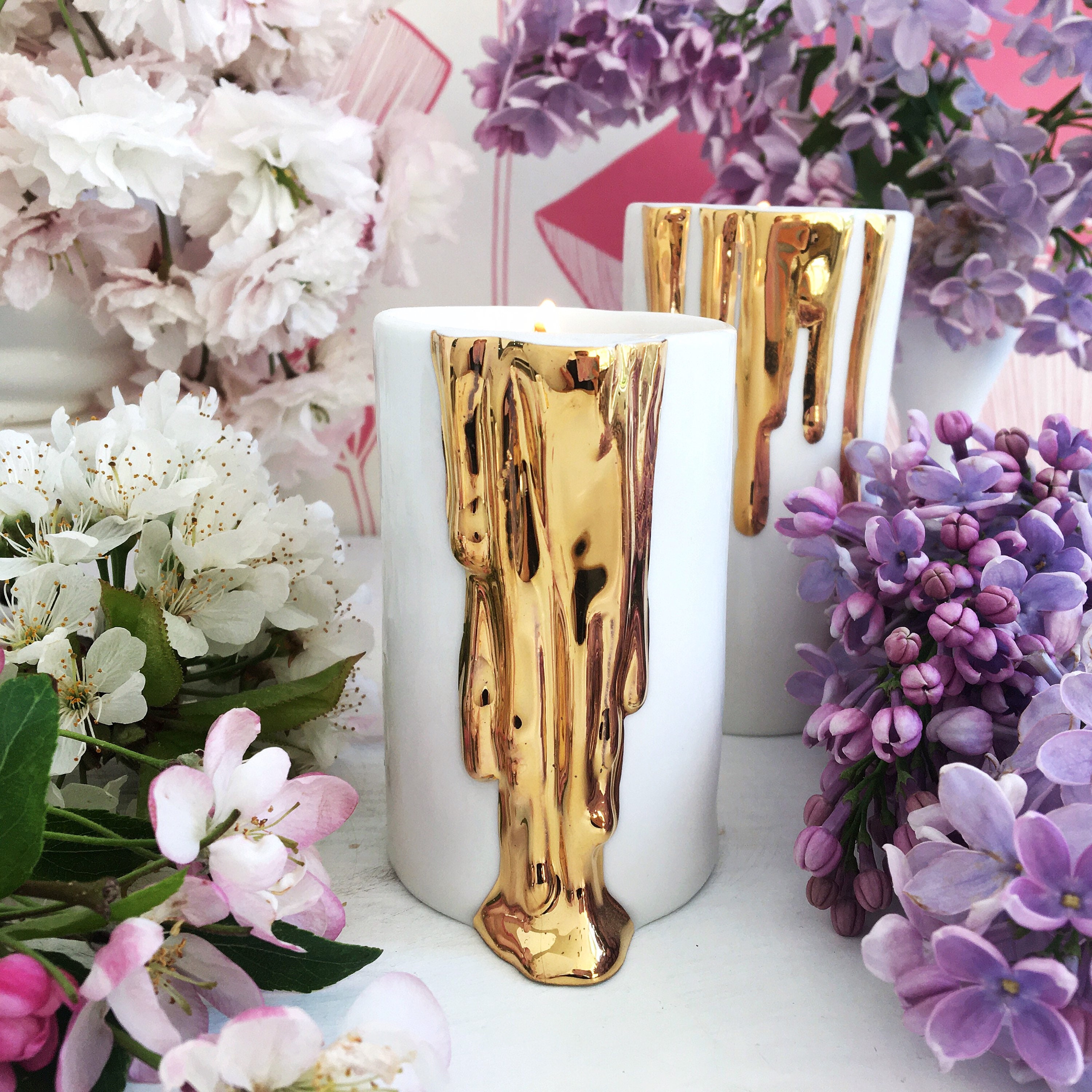 Modern White Candle Holders with FauxDripping Wax Decorated Etsy