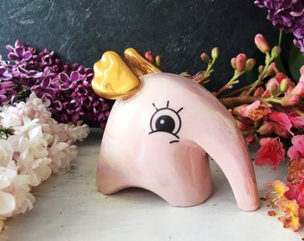 Cute Flying Elephant, Pink Elephant with Gold Wings, Quirky Pink Elephant