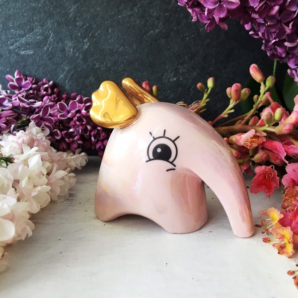 Cute Flying Elephant, Pink Elephant with Gold Wings, Quirky Pink Elephant