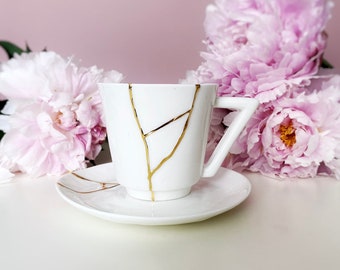 Taza y platillo Kintsugi, taza de café hecha a mano, regalo del Día de la Madre