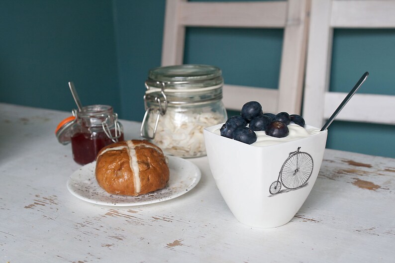 Mug with Bike, White Porcelain Mug with Vintage Bicycle, Bike Lovers Gift, Yogurt pot, Milkshake cup image 5