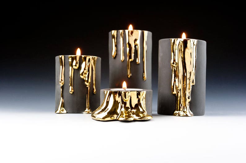 Black and Gold Candle Holders, Modern Ceramic Candlesticks, Dripping Gold Candleholders, Halloween Decor image 4