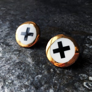 Handmade Bone China Circle Earrings: Gold Plated Graphic Design