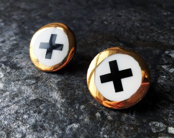 Unisex Circle Earrings - Handmade English Bone China with Genuine Gold Plating and Modern Graphic Design