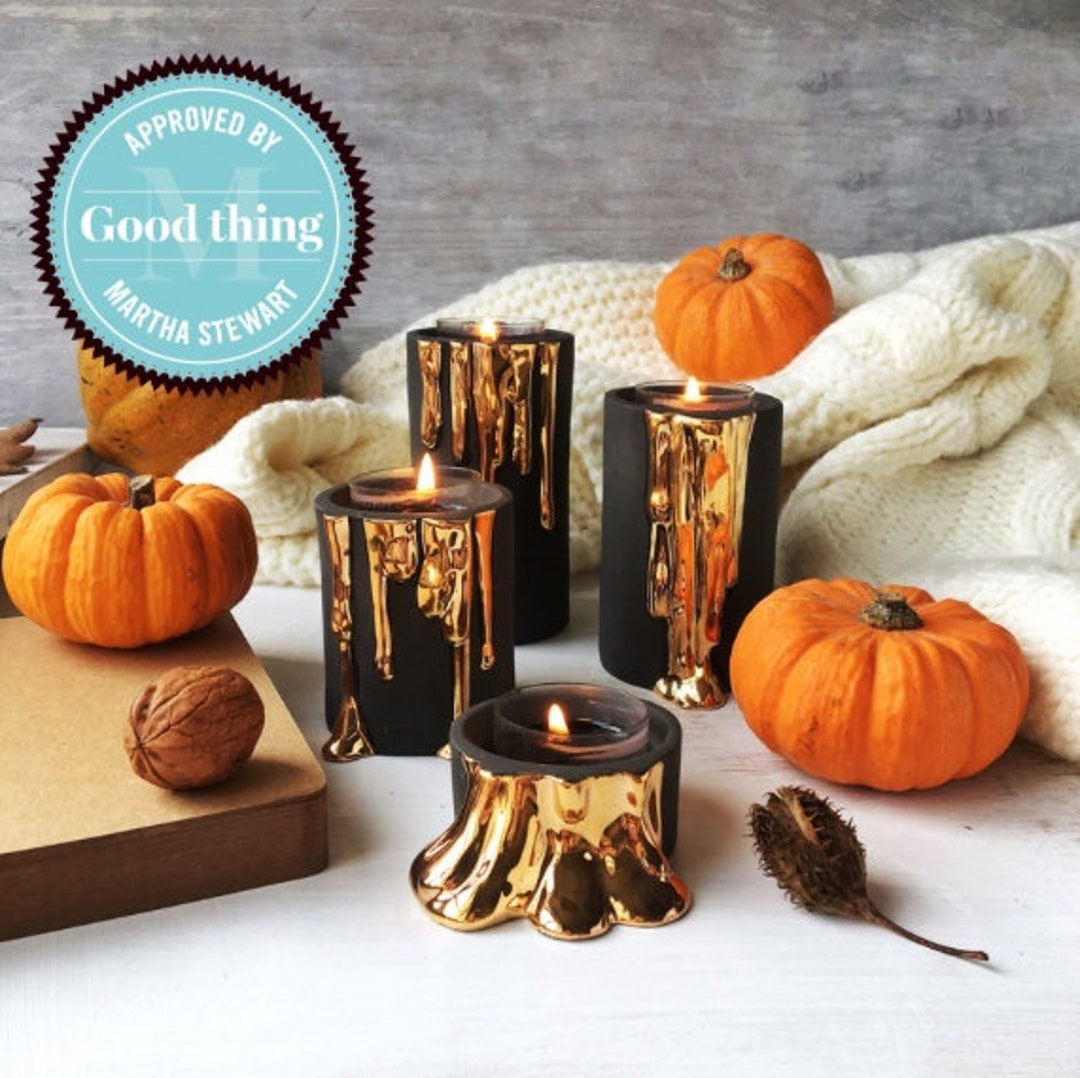 Black and Gold Candle Holders, Modern Ceramic Candlesticks, Dripping