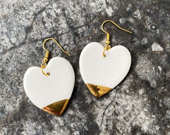 Hearts Earrings with Gold Tip, Porcelain and Gold Dangly Earrings