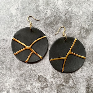 Black Kintsugi Earrings, Large Porcelain Dangly Earrings