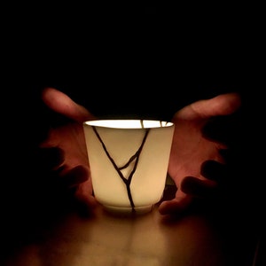 Kintsugi Tea Light Holder, White and Gold Japanese Cup