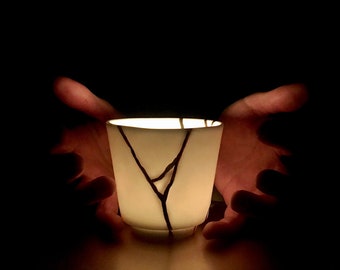 Photophore Kintsugi, tasse japonaise blanche et dorée